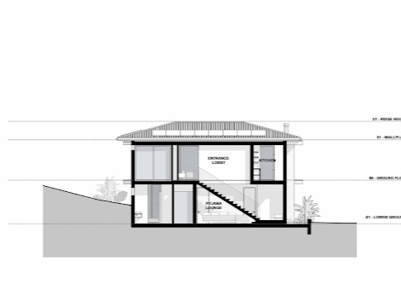 Architectural cross-section drawing showing the multi-level layout, staircase, and roof structure of the proposed residential dwelling.