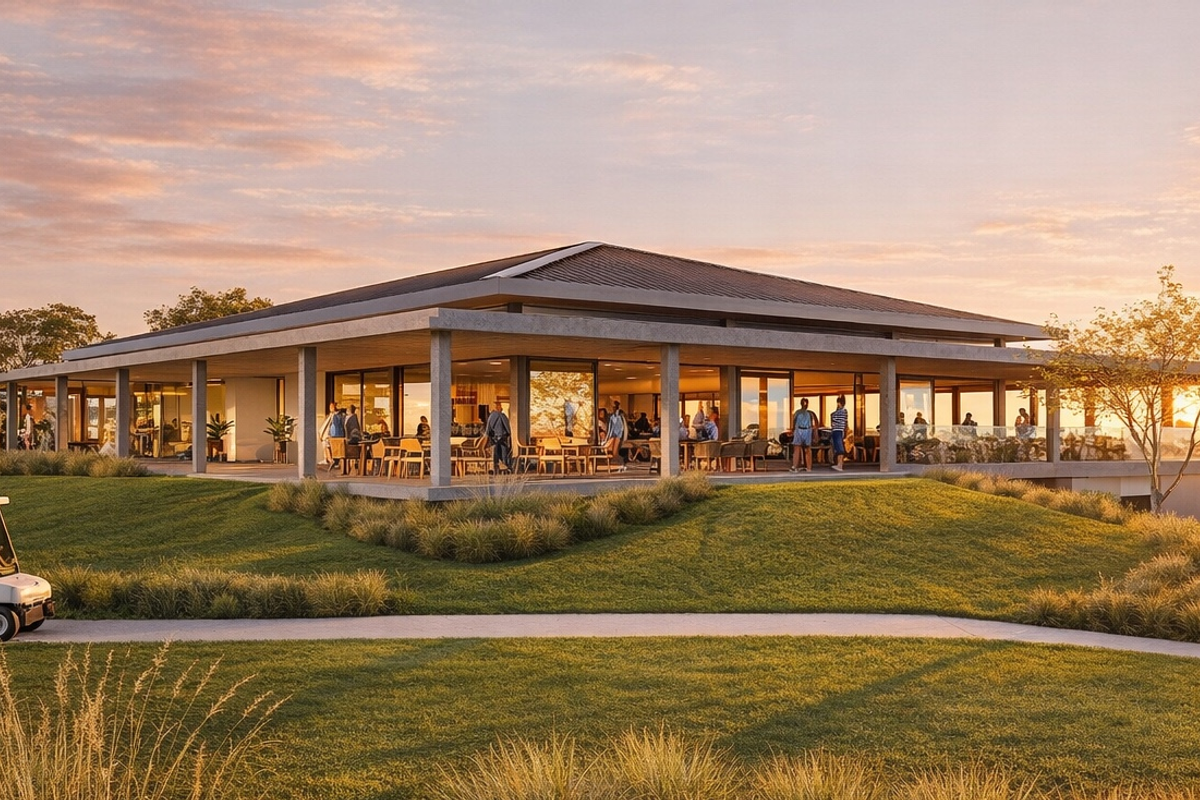 A modern clubhouse facility featuring a spacious covered patio, expansive glass sliding doors, and well-maintained landscaped grounds at sunset.