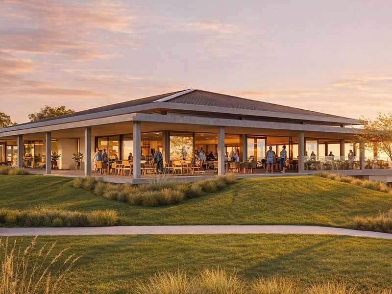 A modern clubhouse facility featuring a spacious covered patio, expansive glass sliding doors, and well-maintained landscaped grounds at sunset.