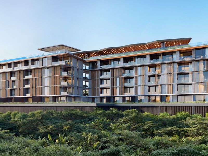 A modern architectural rendering of a luxury penthouse apartment building featuring extensive glass balconies, timber screening, and a landscaped rooftop terrace.