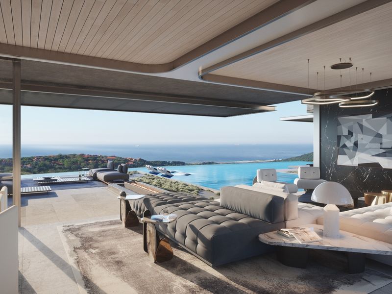 Luxurious open-plan living area featuring seamless indoor-outdoor flow to an infinity pool with panoramic ocean views and high-end architectural finishes.
