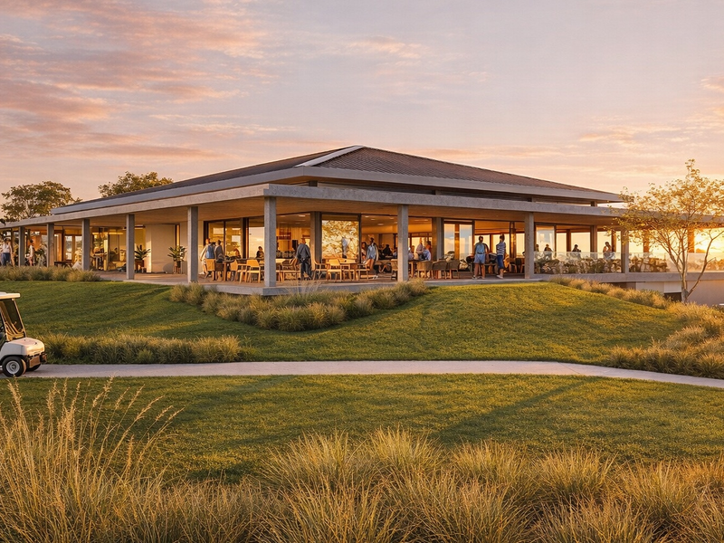 A modern clubhouse facility featuring a spacious covered patio, expansive glass frontage, and beautifully landscaped surroundings at sunset.