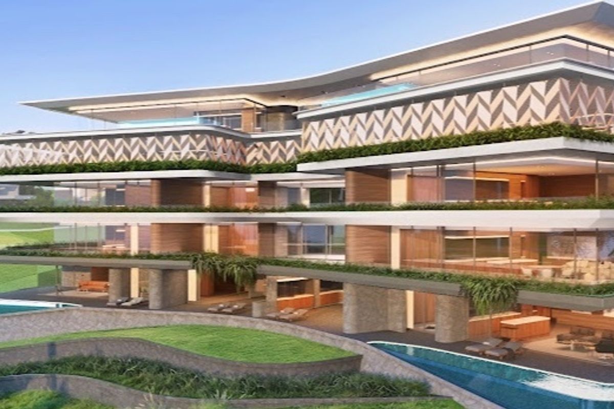 A modern multi-level residential building featuring expansive cantilevered balconies, glass balustrades, and integrated swimming pools overlooking a landscaped area.
