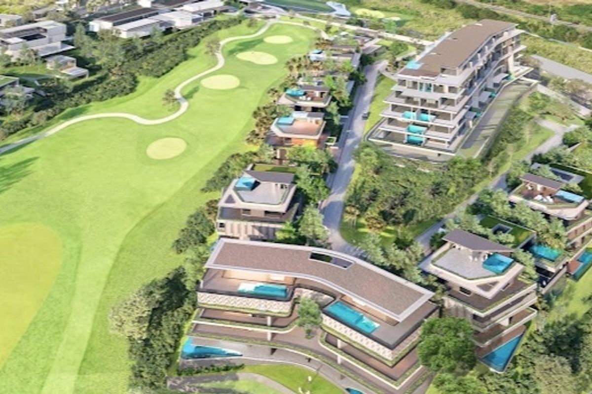 An aerial perspective of a luxury residential development integrated with a golf course, featuring modern multi-story buildings and private swimming pools.