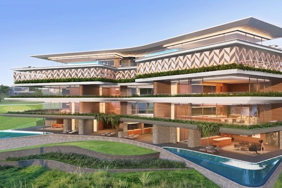 A modern multi-level residential building featuring expansive terraces, integrated infinity pools, and landscaped garden areas overlooking a golf course.