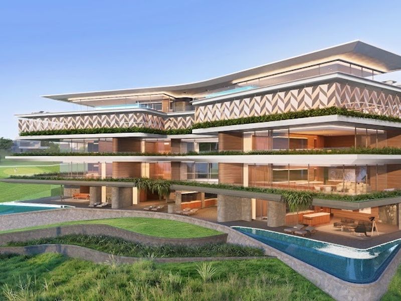 A modern multi-level residential building featuring expansive terraces, integrated infinity pools, and landscaped garden areas overlooking a golf course.