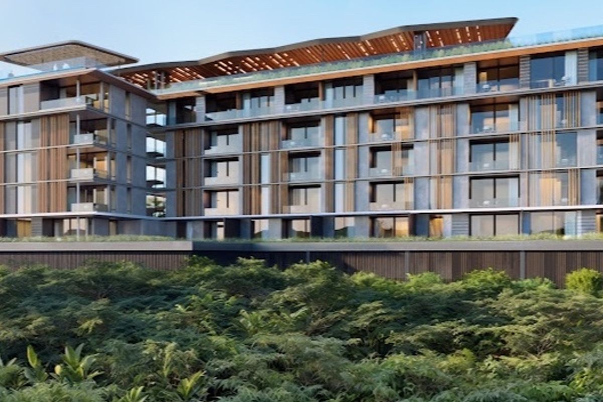 A modern multi-story apartment building featuring contemporary architectural design, glass balconies, and timber screening elements overlooking lush greenery.