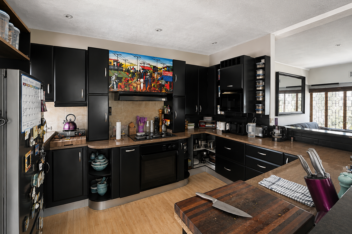 A well-maintained kitchen featuring black cabinetry, stone countertops, integrated appliances, and a tiled backsplash, offering a functional and modern cooking space.