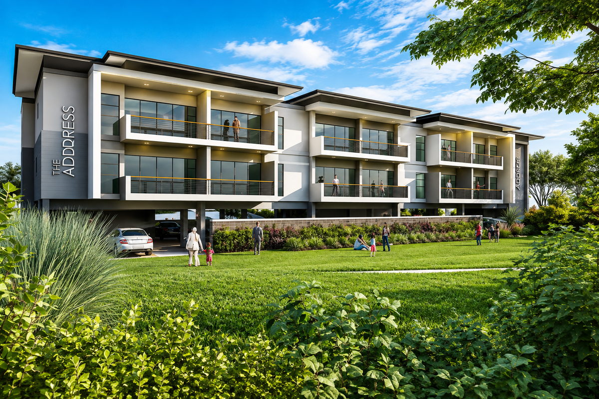 Modern apartment complex exterior featuring multi-level balconies, covered ground-floor parking, and well-maintained landscaped garden areas.