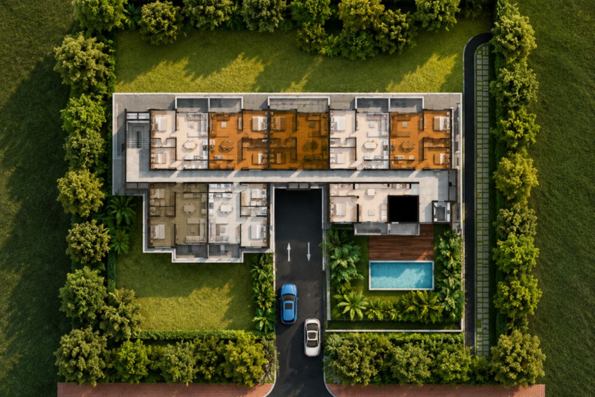 An aerial view of the apartment complex site plan, featuring a swimming pool, landscaped gardens, and dedicated parking access.