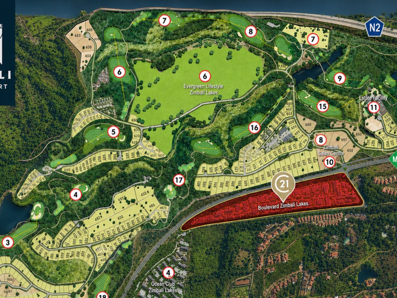 An aerial site map and master plan for the Zimbali Lakes Resort development, highlighting various zones and estate facilities.