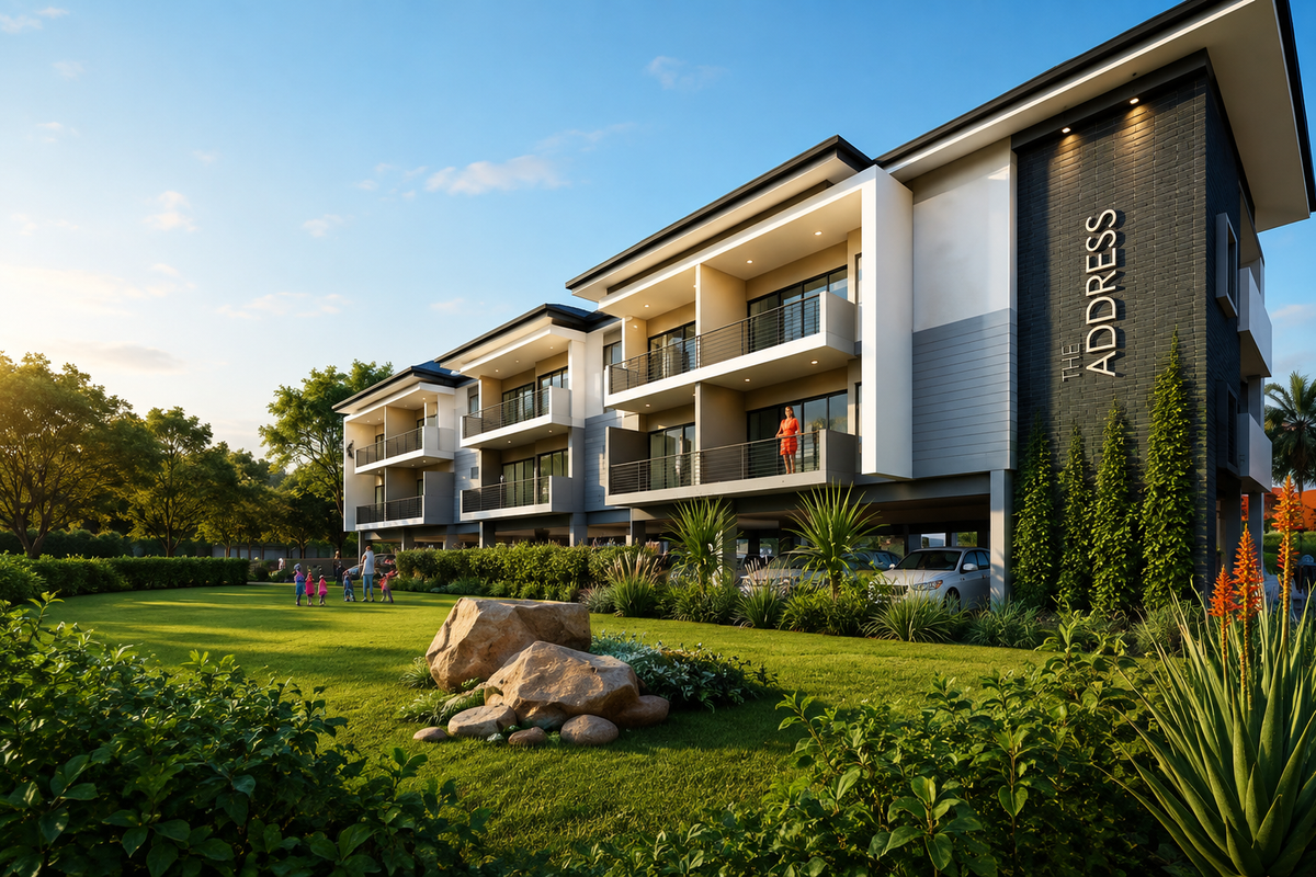 A modern apartment complex exterior featuring landscaped gardens, private balconies, and covered ground-level parking.