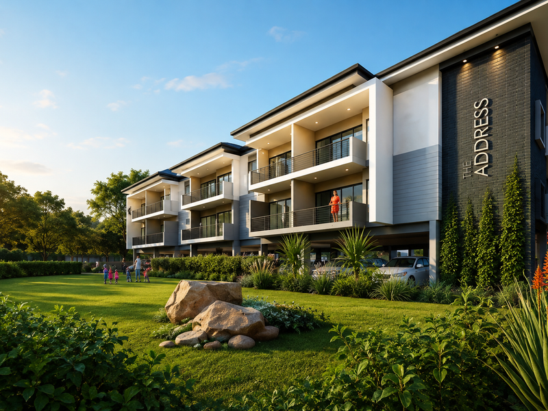 A modern apartment complex exterior featuring landscaped gardens, private balconies, and covered ground-level parking.