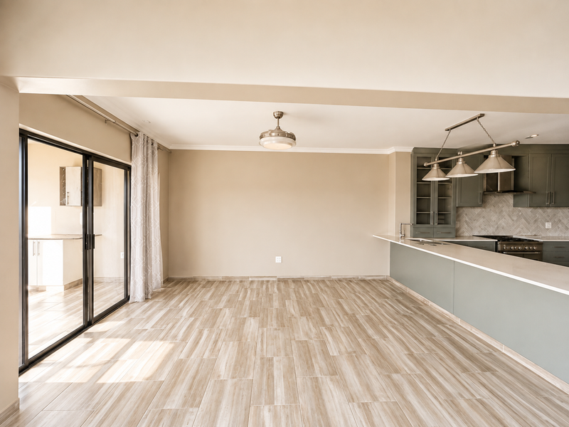 Spacious open-plan living and kitchen area featuring modern cabinetry, stone countertops, herringbone backsplash, and large sliding doors leading to an outdoor patio.