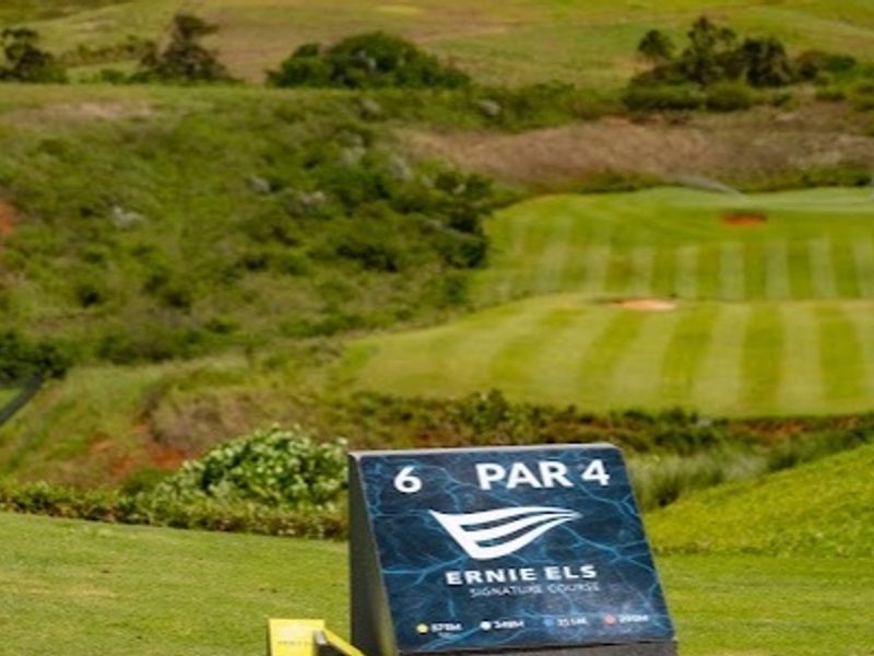 A scenic view overlooking the Ernie Els signature golf course, showcasing the manicured fairways and surrounding landscape.