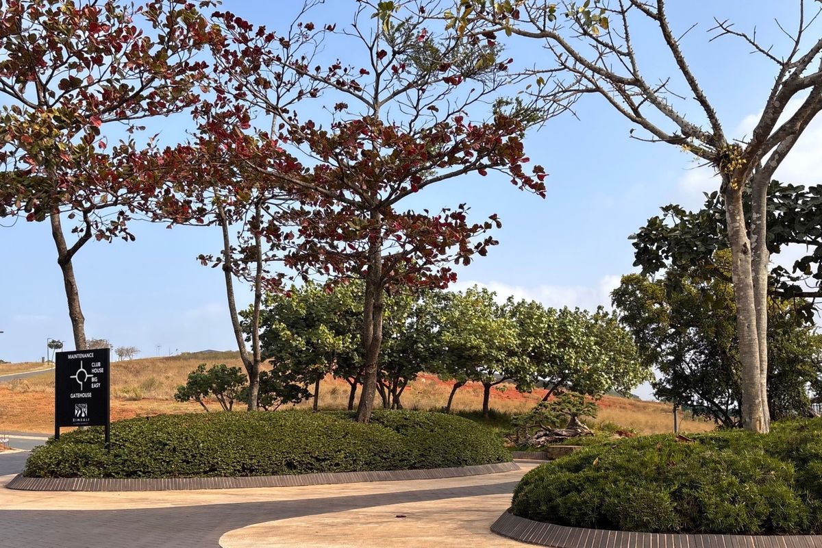 A well-maintained entrance area featuring paved driveways, mature landscaping, and clear directional signage within a residential estate.