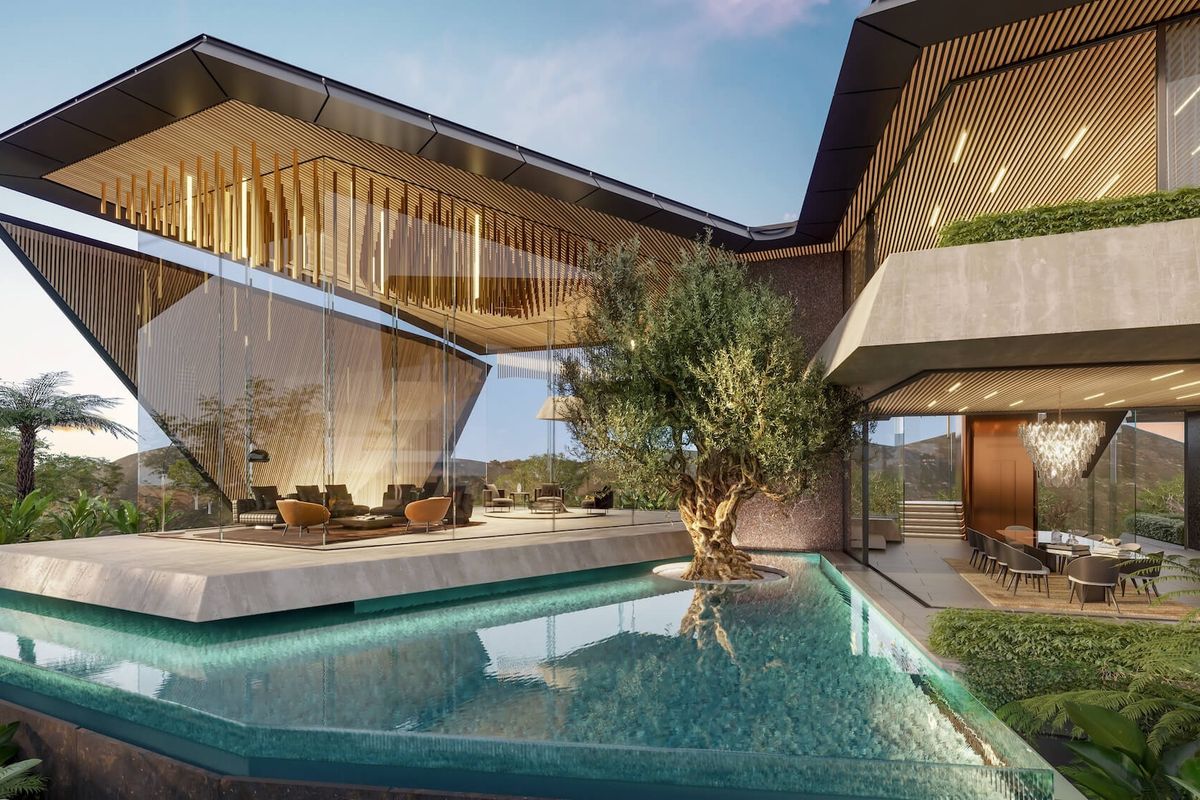 A luxury modern architectural residence featuring a cantilevered roof, expansive glass walls, and a central swimming pool with integrated landscaping.