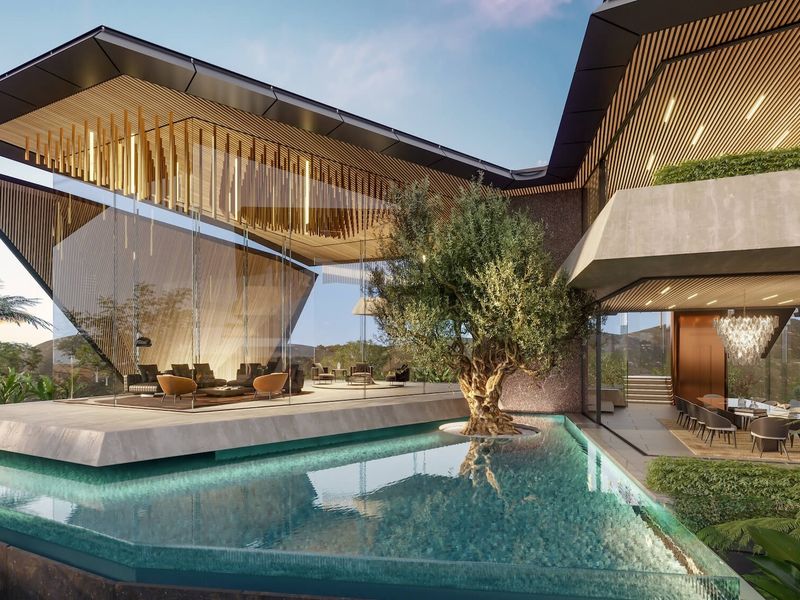 A luxury modern architectural residence featuring a cantilevered roof, expansive glass walls, and a central swimming pool with integrated landscaping.