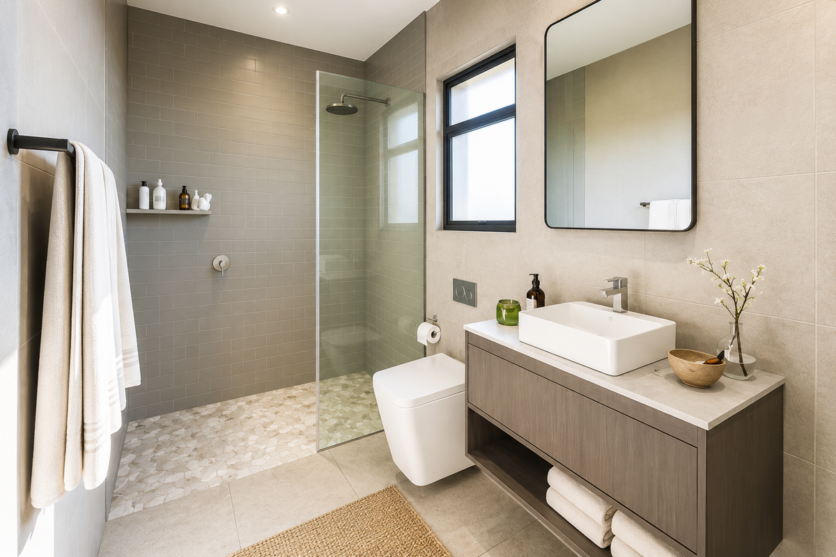Modern bathroom featuring a walk-in shower with pebble flooring, wall-mounted toilet, and a sleek vanity with a vessel sink.