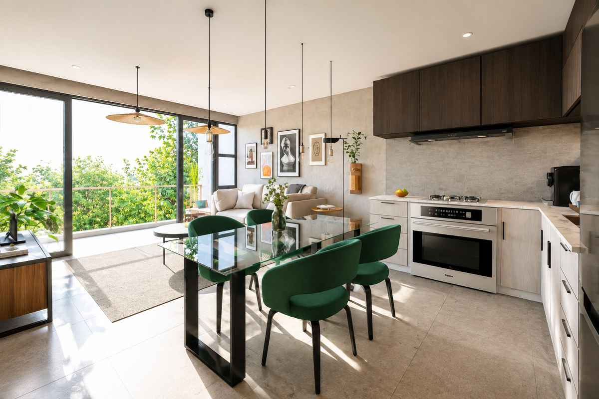 Modern open-plan kitchen and dining area featuring sleek cabinetry, integrated appliances, and large sliding doors opening to a private balcony with lush greenery.
