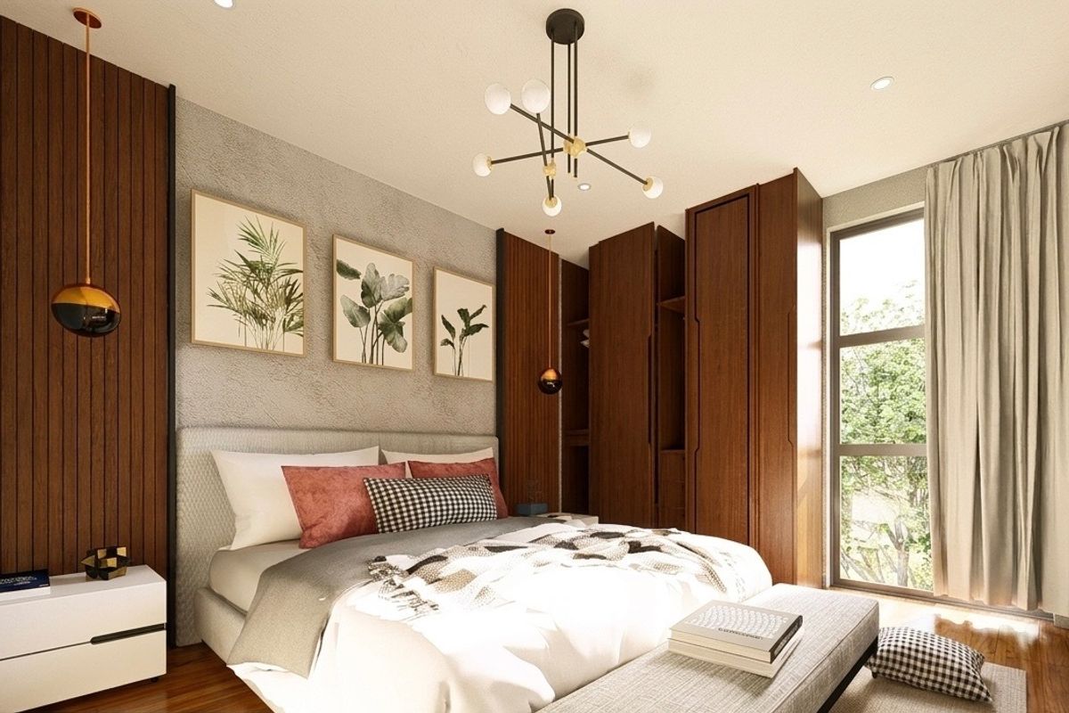 Modern bedroom featuring warm timber wall paneling, built-in wardrobes, timber flooring, and contemporary lighting fixtures with large windows.