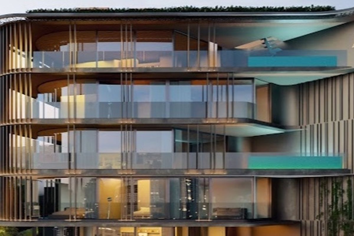 Modern penthouse exterior featuring sleek cantilevered balconies, glass balustrades, vertical architectural screening, and integrated private terrace pools.