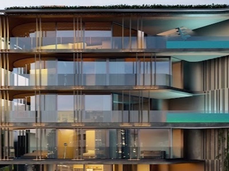 Modern penthouse exterior featuring sleek cantilevered balconies, glass balustrades, vertical architectural screening, and integrated private terrace pools.