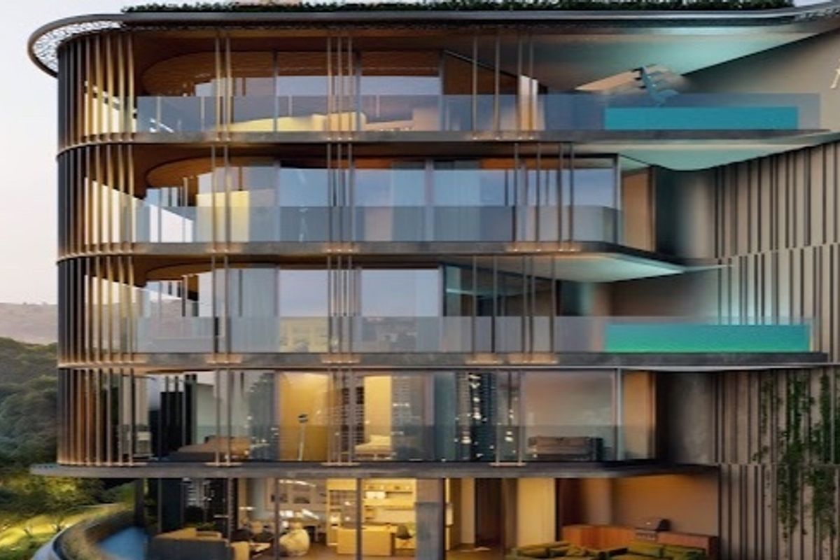 A modern penthouse exterior featuring multi-level private balconies with glass balustrades and sophisticated architectural screening, showcasing a contemporary luxury residential design.