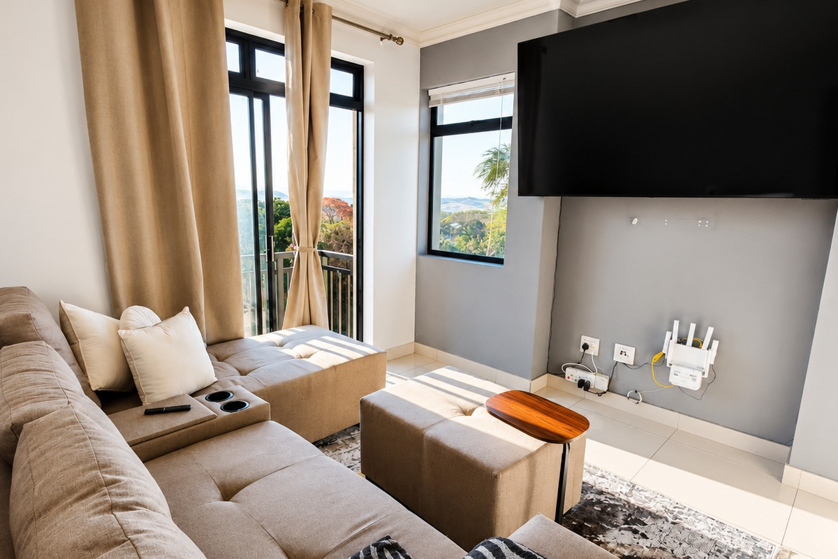 A bright living room featuring tiled floors, large sliding glass doors leading to a balcony, and a wall-mounted television setup.