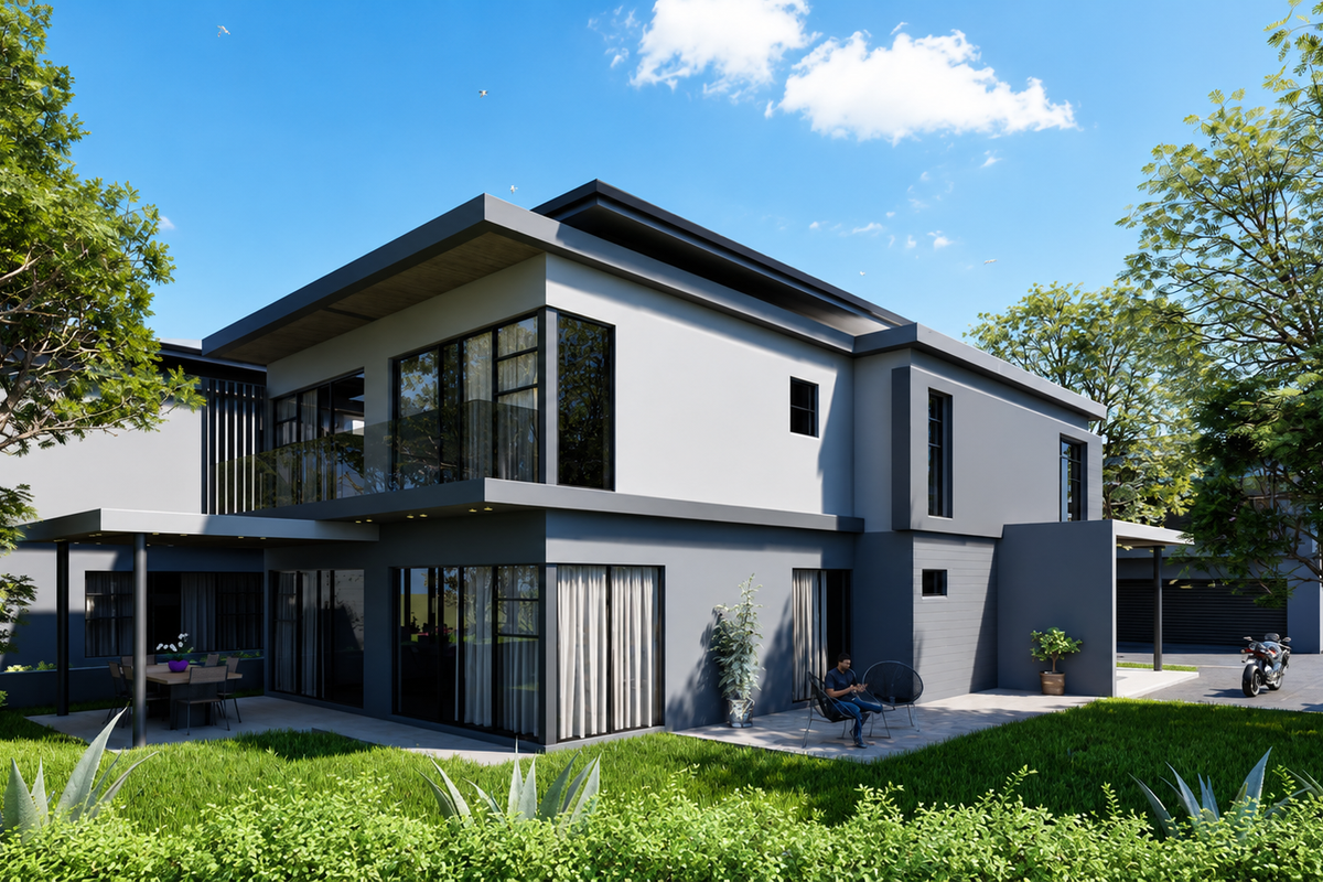 Modern two-story townhouse exterior featuring a covered patio, glass balcony balustrades, large sliding doors, and a well-maintained landscaped garden.