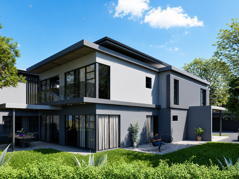 Modern two-story townhouse exterior featuring a covered patio, glass balcony balustrades, large sliding doors, and a well-maintained landscaped garden.