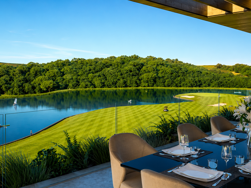 Covered outdoor patio featuring a glass balustrade and expansive views over a lake and golf course.