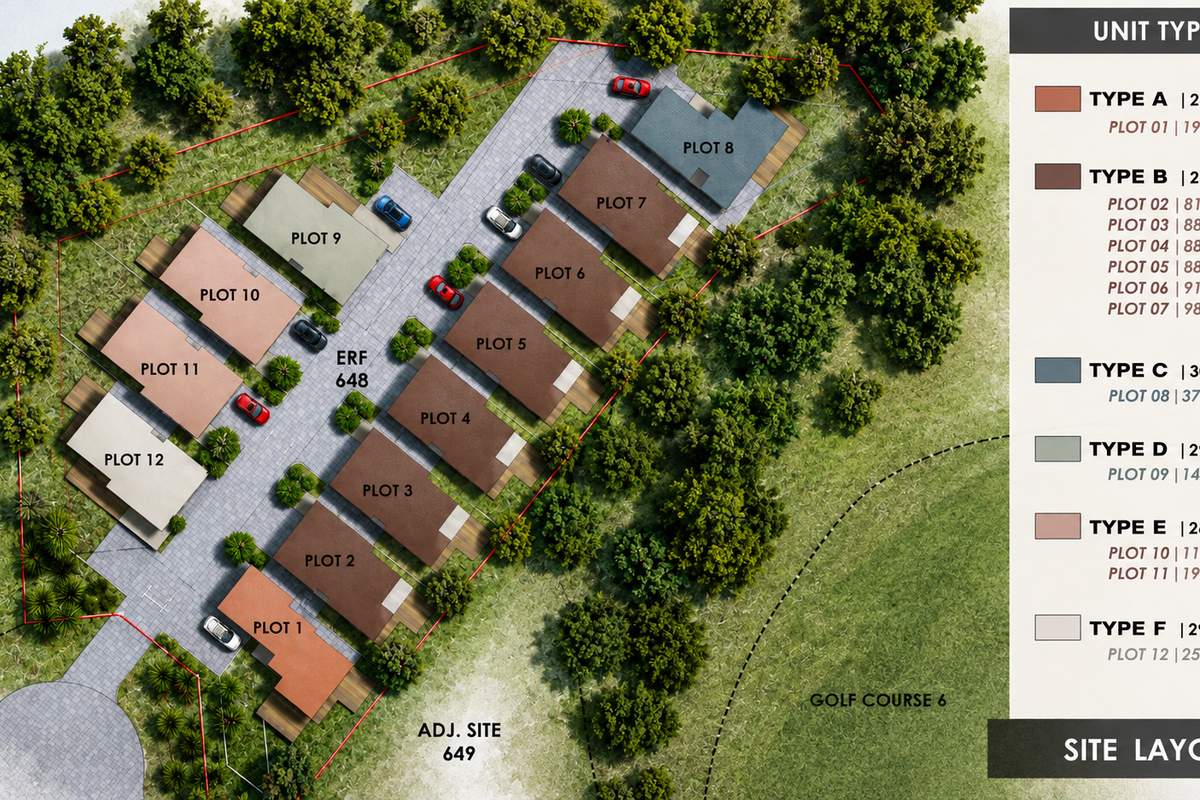 Aerial site layout plan showing the arrangement of twelve townhouse units across the development plot with associated driveways and landscaped surroundings.
