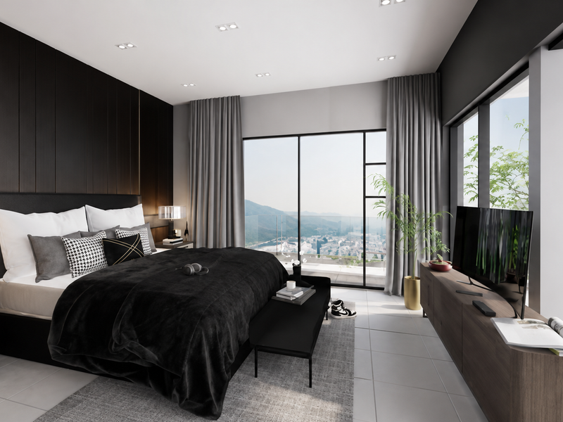 Modern bedroom featuring dark wood feature wall paneling, floor-to-ceiling windows with panoramic views, and direct access to a private balcony.