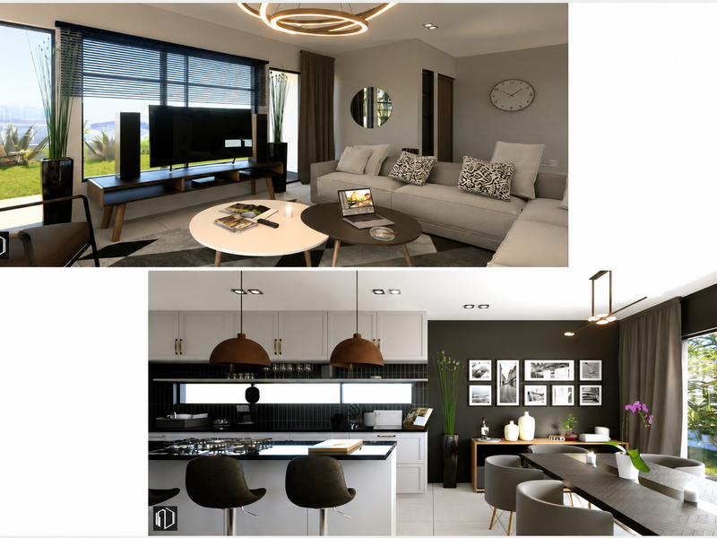 A modern open-plan living and kitchen area featuring contemporary cabinetry, a central island, and large glass doors leading to an outdoor space.
