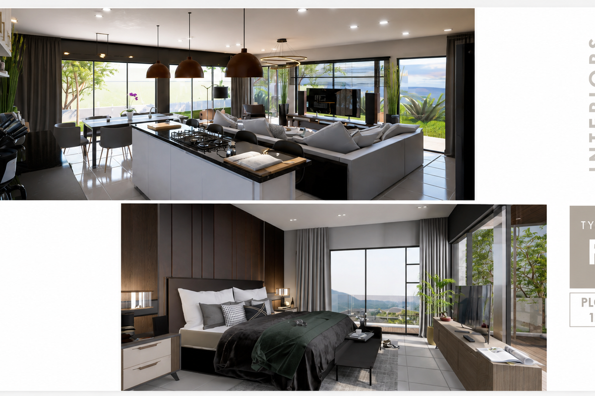 A high-end open plan living and kitchen area featuring modern finishes, large sliding doors, and a spacious bedroom suite with contemporary wood paneling.