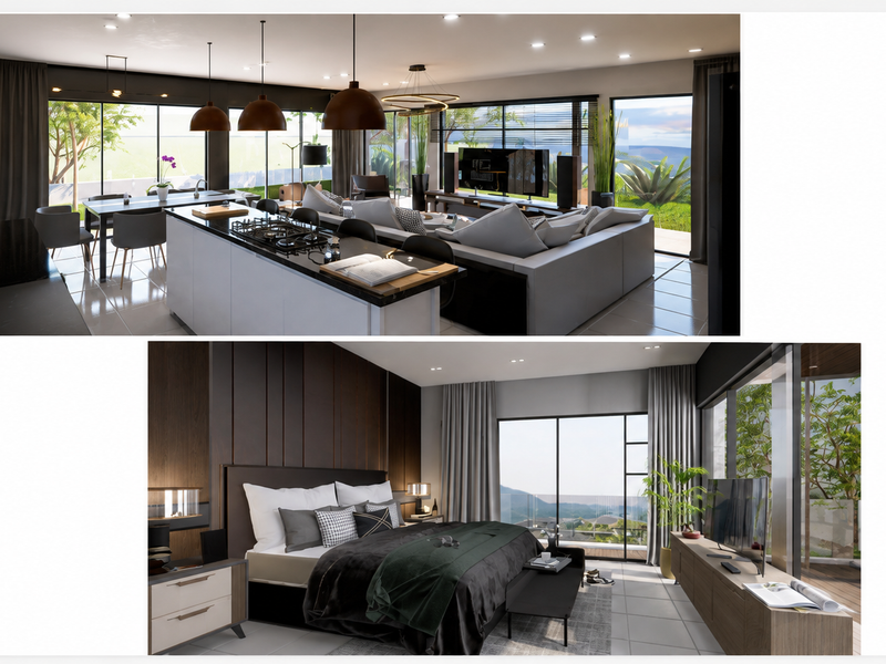 A high-end open plan living and kitchen area featuring modern finishes, large sliding doors, and a spacious bedroom suite with contemporary wood paneling.