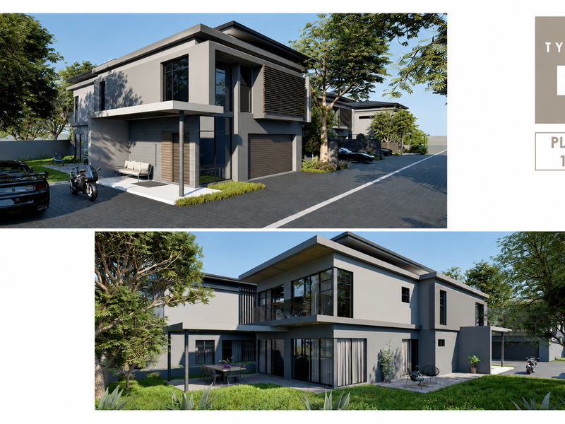 A modern double-storey townhouse featuring a sleek facade, integrated garage, and paved driveway, presented as a professional architectural rendering.