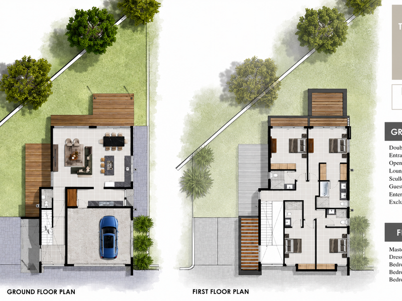 Architectural floor plan for a four-bedroom townhouse, detailing the ground floor layout with open-plan living areas and the first floor with en-suite bedrooms.