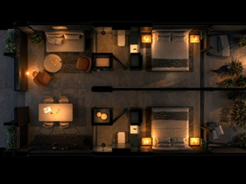 A top-down 3D floor plan rendering of an apartment layout featuring two bedrooms, two bathrooms, an open-plan living area, and a balcony.