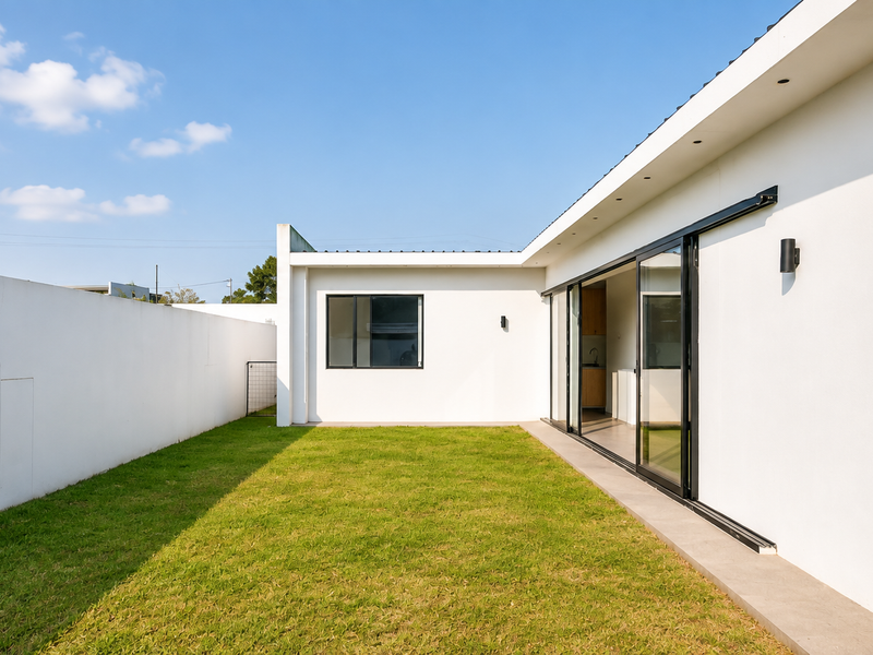 A well-maintained rear garden featuring a manicured lawn, high boundary walls for privacy, and modern sliding glass doors providing seamless indoor-outdoor flow.