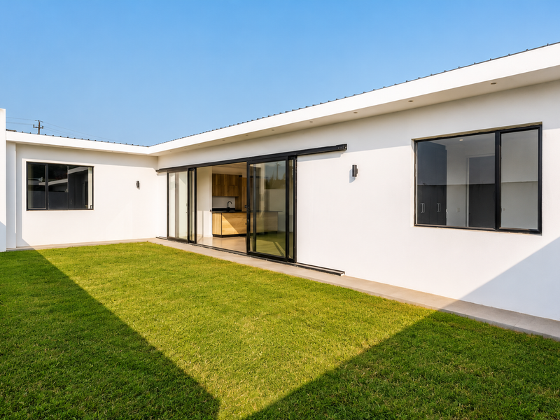 A well-maintained rear exterior view of the townhouse featuring a private lawn, modern black-framed sliding doors, and clean white facade finishes.