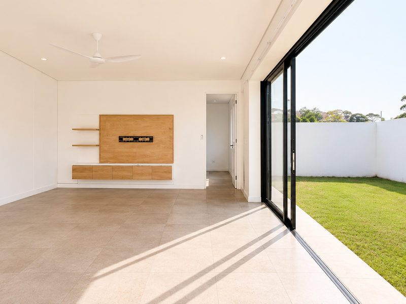Spacious, modern living room featuring large sliding glass doors that open to a private garden, built-in media cabinetry, and neutral tiled flooring.