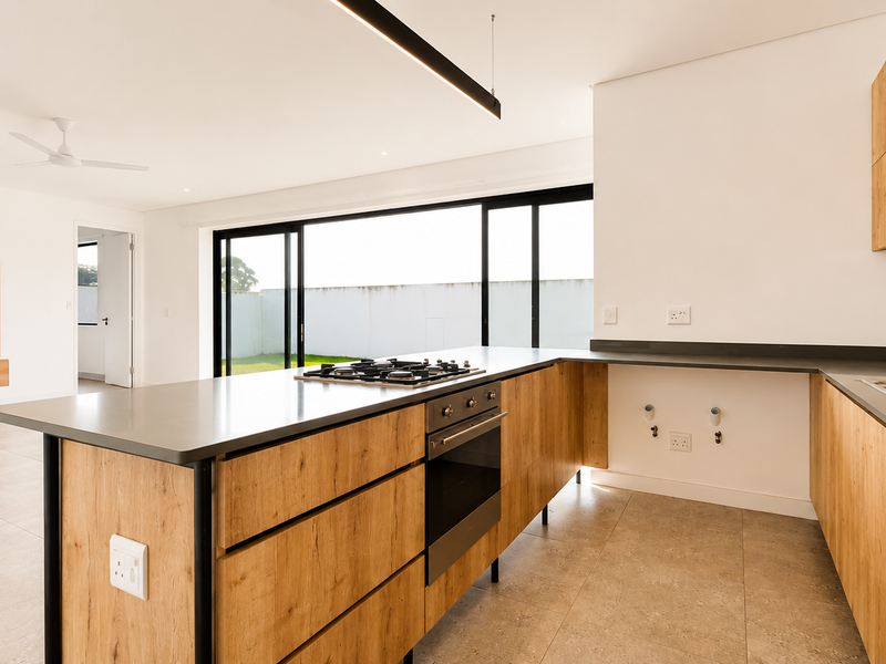 Modern open-plan kitchen and living area featuring wood-finish cabinetry, gas hob, built-in oven, and seamless access to the outdoor space through sliding glass doors.