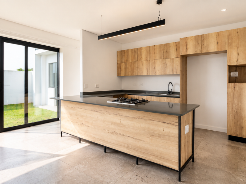 Modern open-plan kitchen featuring light wood cabinetry, stone countertops, a central island with a gas hob, and large sliding doors opening to the garden.