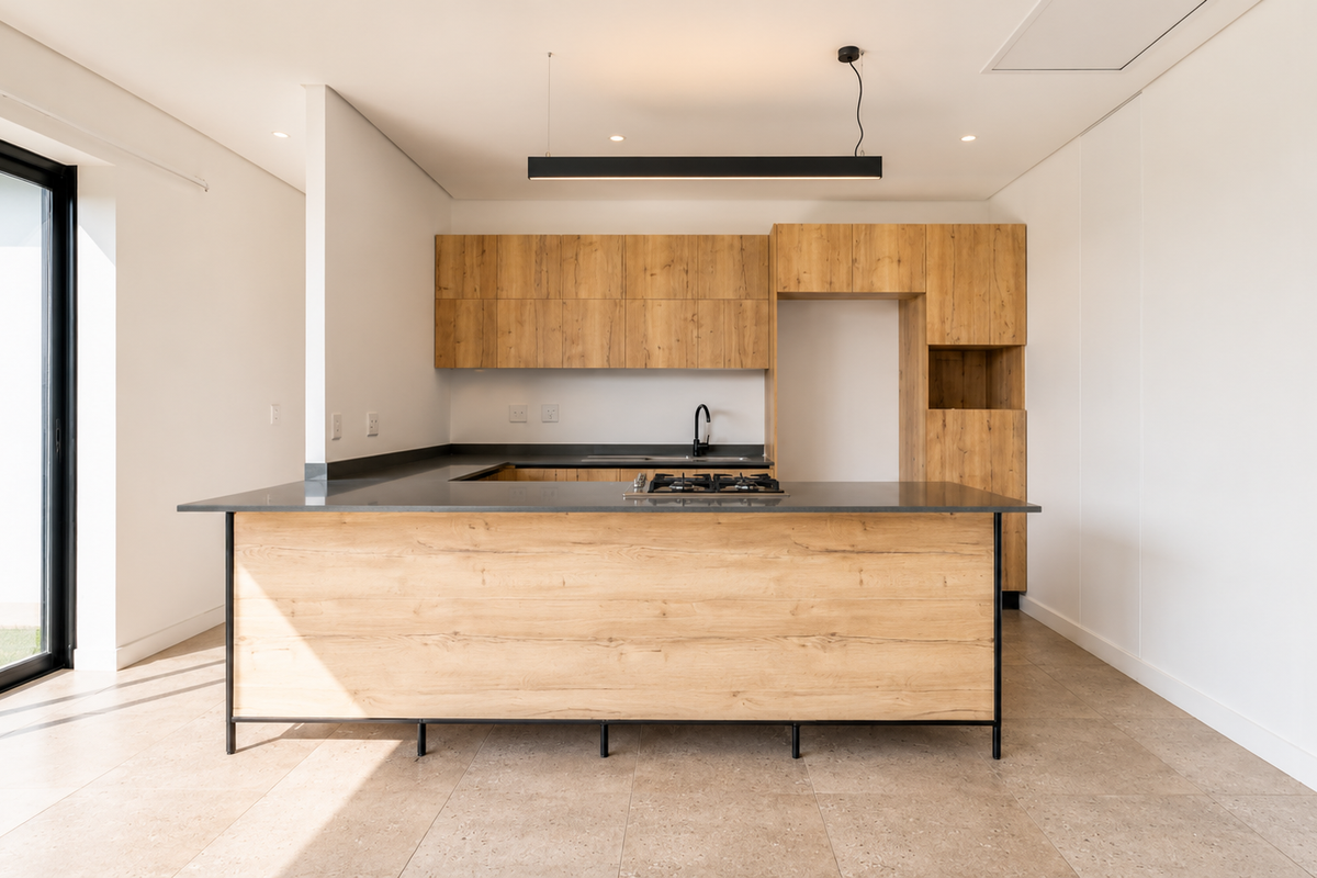 Modern kitchen featuring light wood-grain cabinetry, a central island with a gas hob, dark stone countertops, and direct access to the outdoor area.