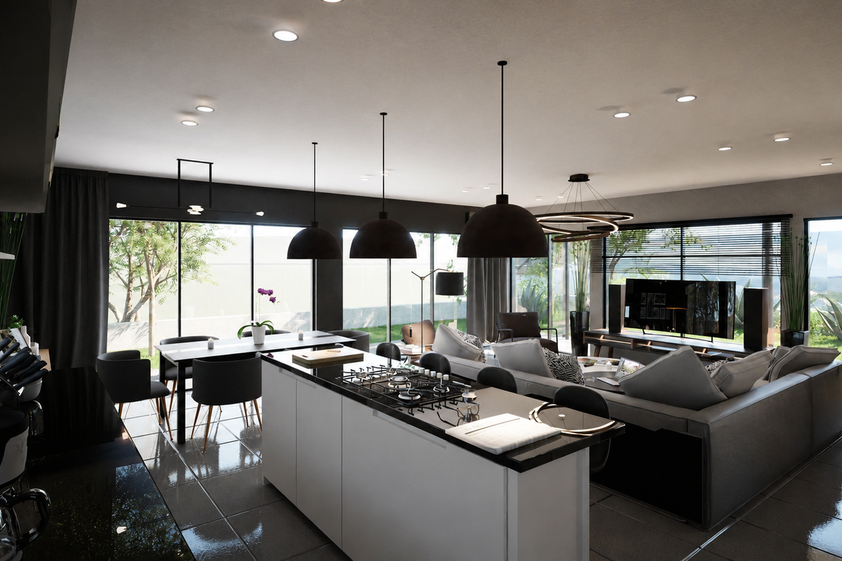 Modern open-plan living area featuring a sleek kitchen island with gas cooktop, expansive floor-to-ceiling windows, and contemporary pendant lighting throughout the space.