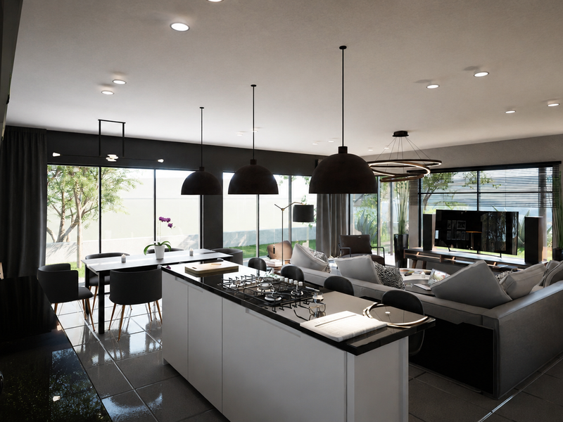 Modern open-plan living area featuring a sleek kitchen island with gas cooktop, expansive floor-to-ceiling windows, and contemporary pendant lighting throughout the space.