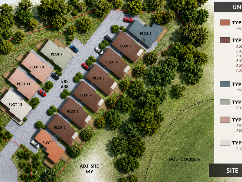 Aerial site layout plan showing the arrangement of twelve townhouse units across the development plot with associated driveways and landscaped surroundings.