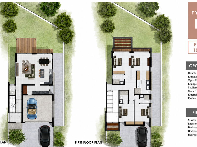 Architectural floor plan for a four-bedroom townhouse, detailing the layout of the ground and first floors including garage, living areas, and en-suite bedrooms.
